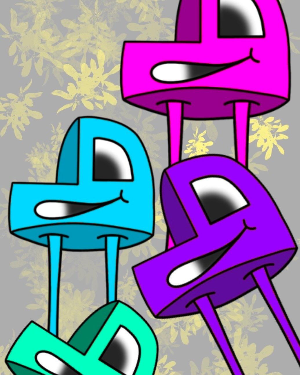Colorful cartoon letter D characters in cyan, magenta, and purple on a gray floral background.