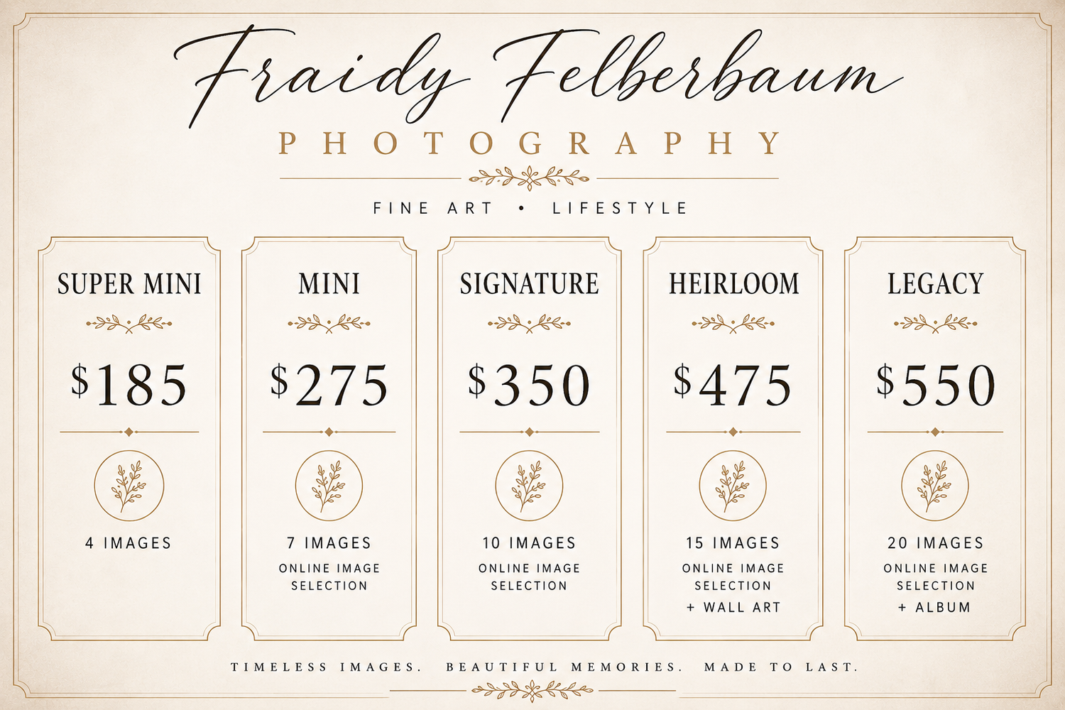 Fraidy Felberbaum Photography price list showing five packages from Super Mini at $185 to Legacy at $550 with image counts.