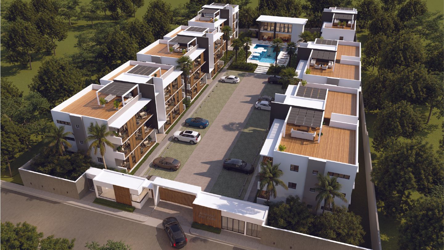 Bird's-eye render of modern white residential complex with rooftop terraces, pool, and tropical landscaping.