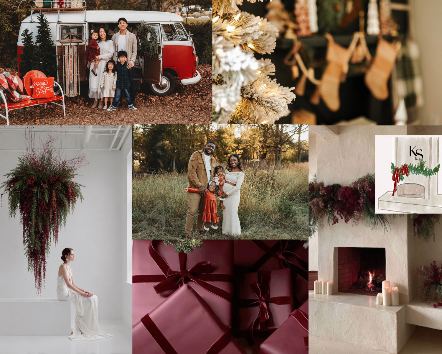 Holiday family photo collage featuring Christmas decor, maternity shoot, gift wrapping, and festive floral arrangements.