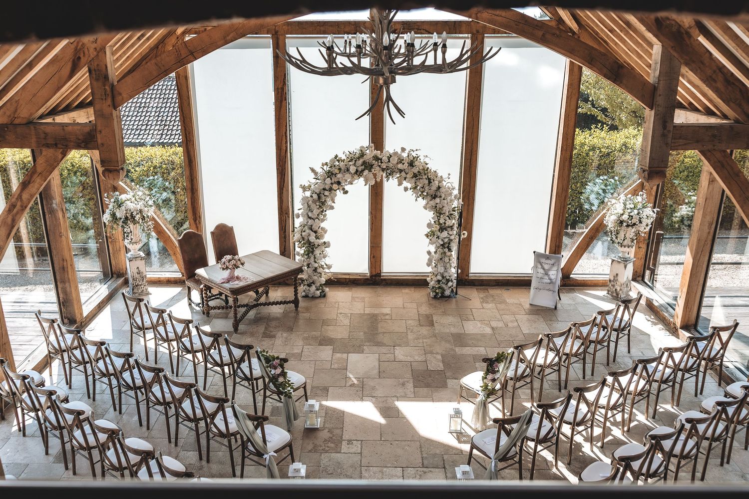 Glass Barn ceremony room set up for a wedding at Swancar Farm Nottinghamshire