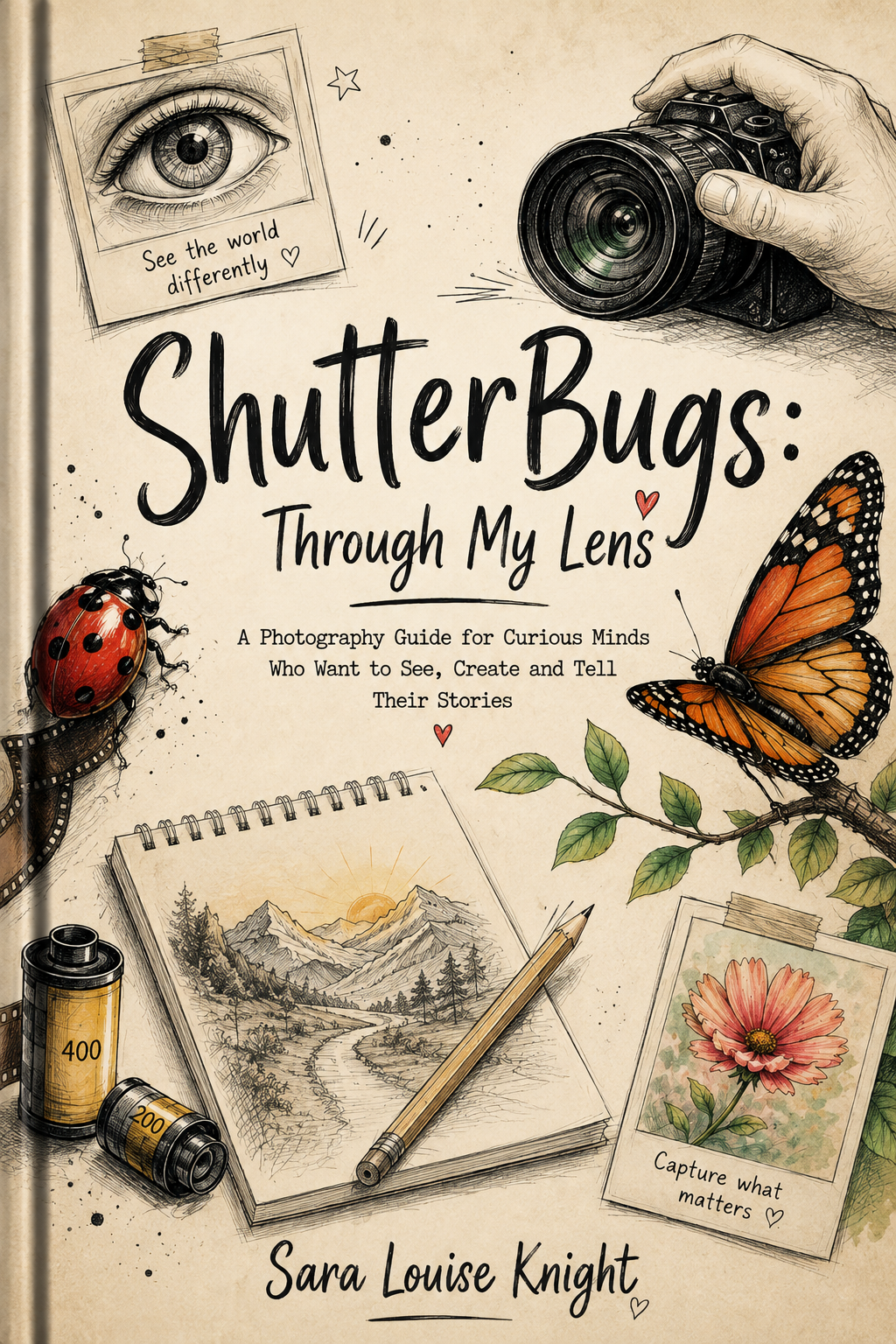 Book cover of ShutterBugs: Through My Lens, a photography guide by Sara Louise Knight featuring camera, butterfly, and sketch illustrations.