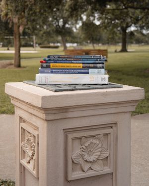 Stack of radiology and medical textbooks displayed on an ornate stone pedestal outdoors.