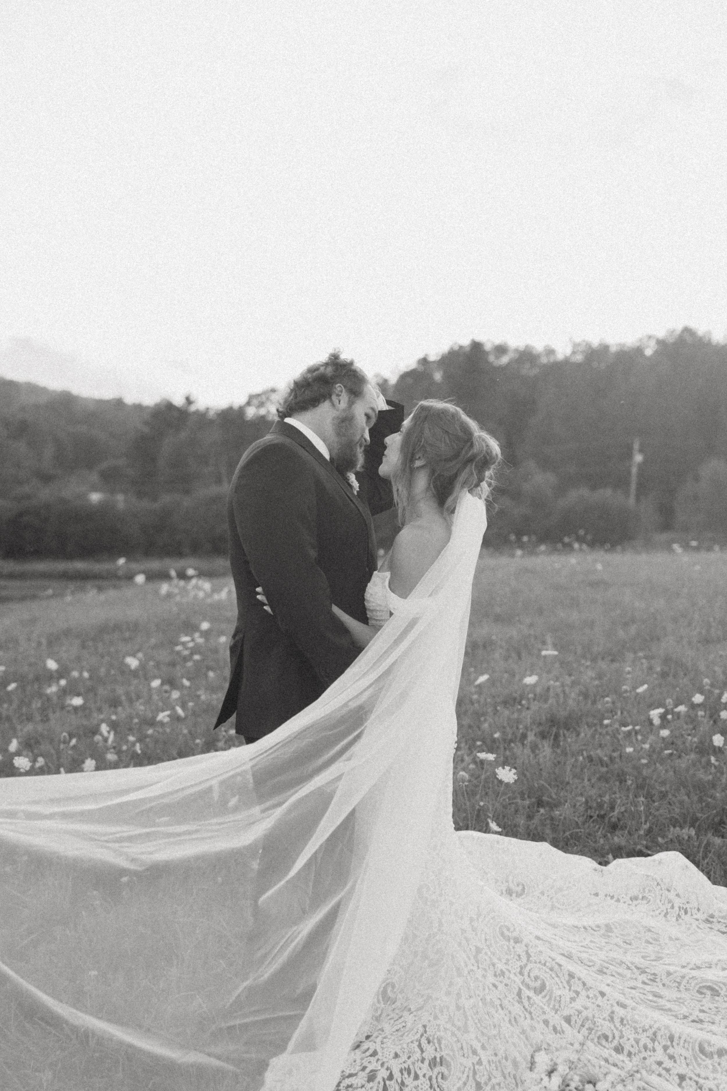 Black and white photo of bride and groom nearly kissing, veil flowing in field.