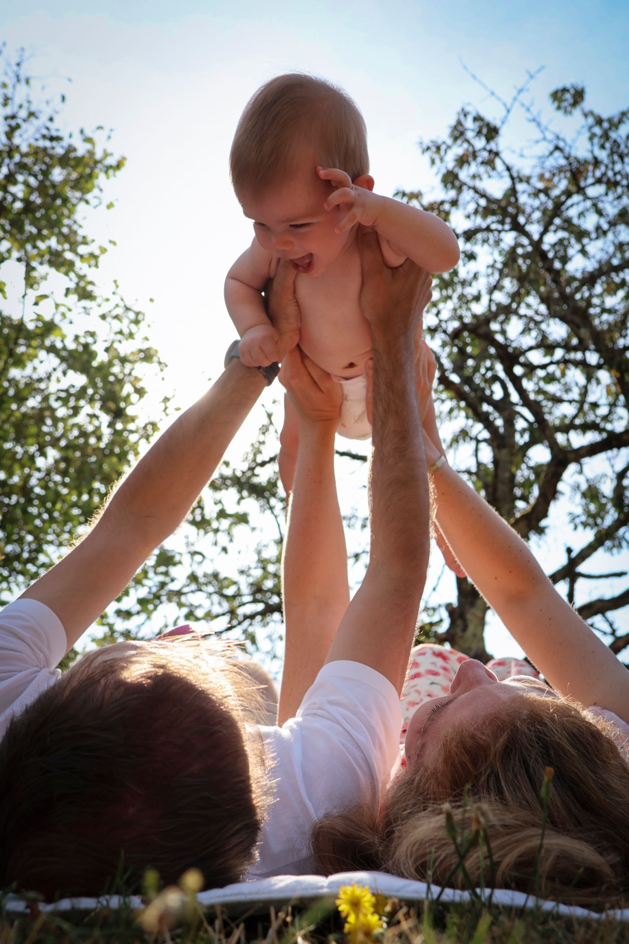 Parents allongés soulevant leur bébé vers le ciel entre les arbres, séance famille en Ardèche