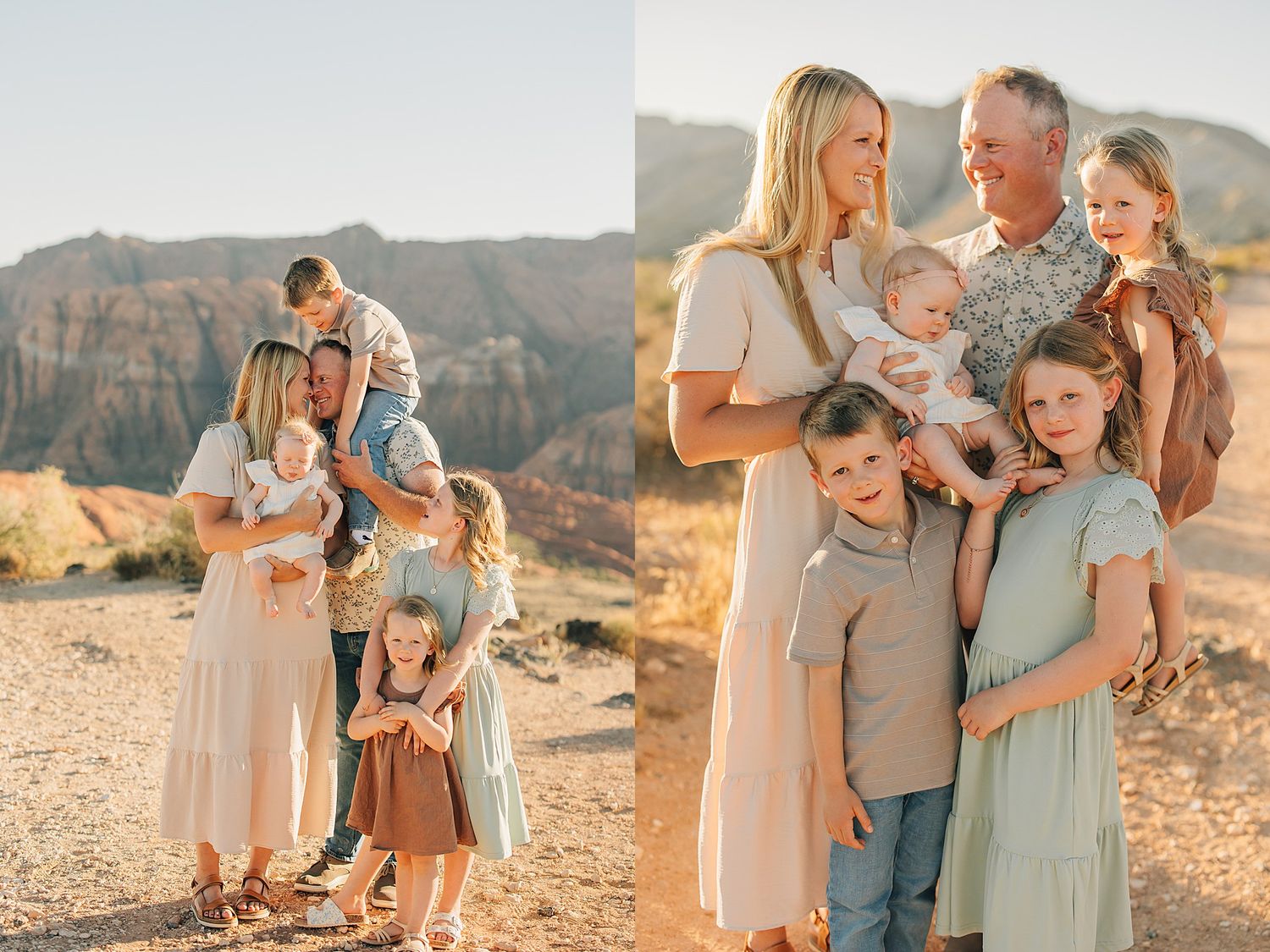 Family portrait session in desert canyon, parents embracing children in neutral earth tones with red rock mountains backdrop.