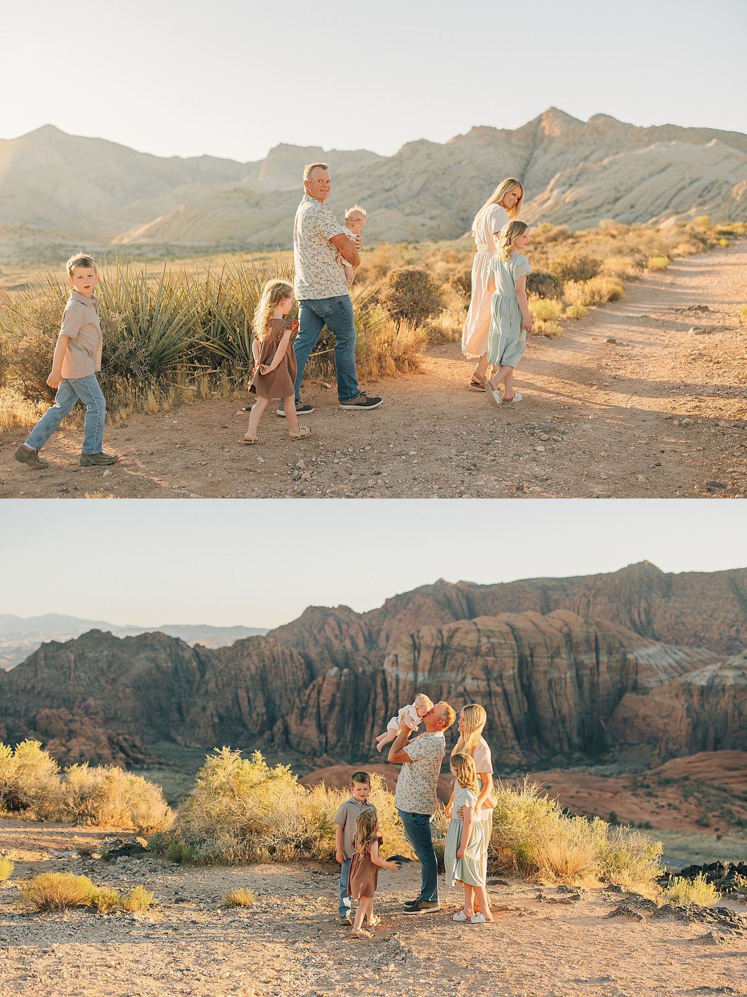 Family of six walking and playing on desert trail at golden hour with dramatic mountain landscape behind them.