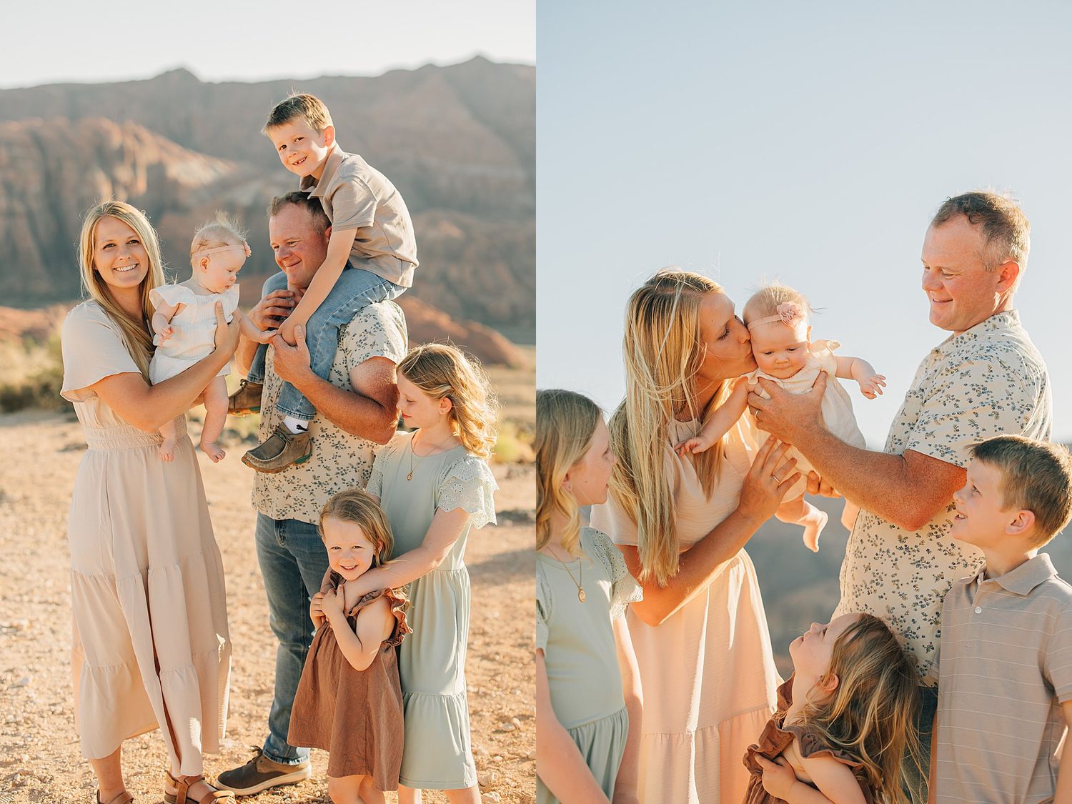 Family portrait session in desert with mountains, parents holding children in warm golden light.