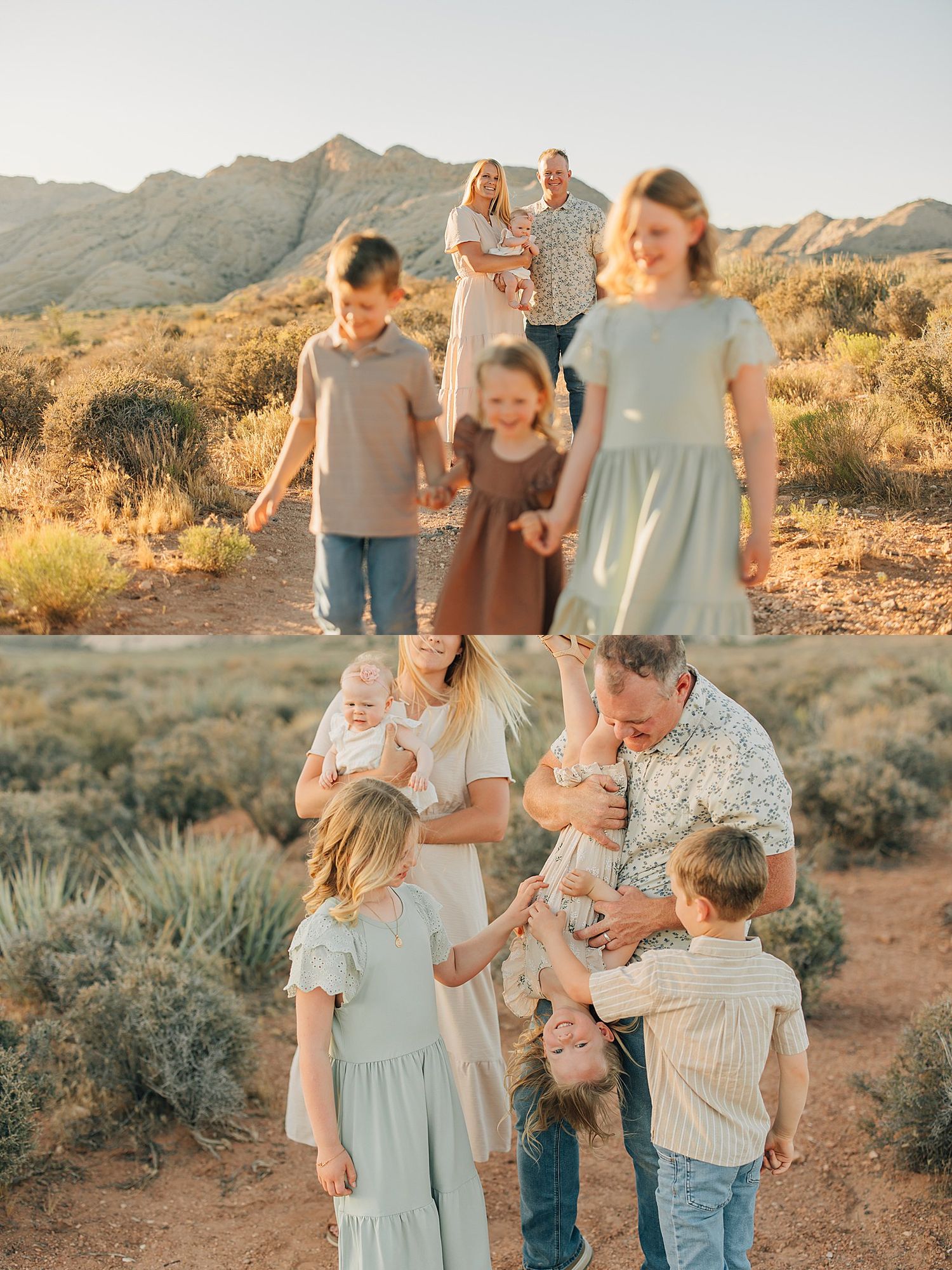 Joyful family photo session in desert scrubland at sunset, parents playfully holding children in coordinated neutral outfits.