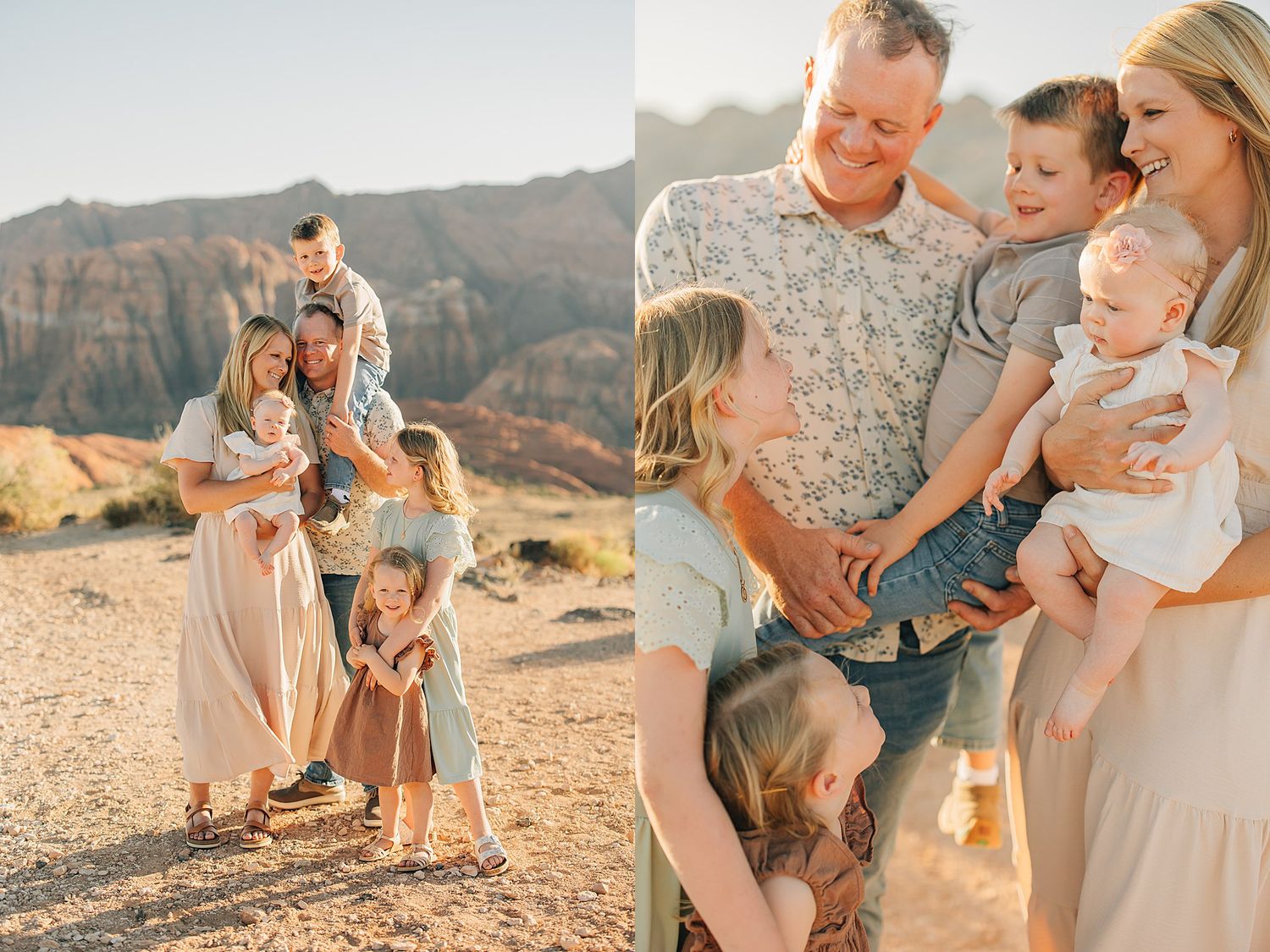 Family portrait session in desert mountains, parents holding children in warm golden light with red rock formations backdrop.