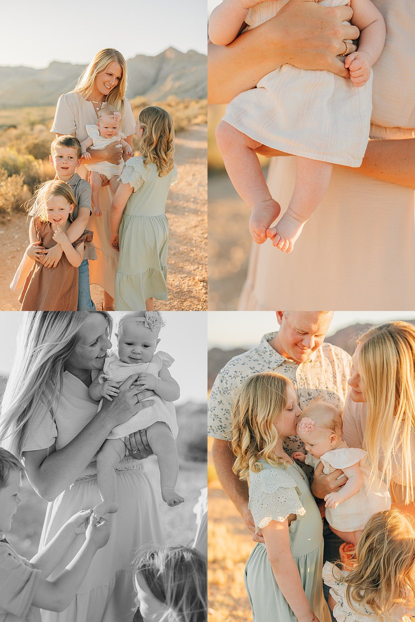 A collage of warm golden-hour family photos featuring a mother with children in a desert setting, including a newborn.