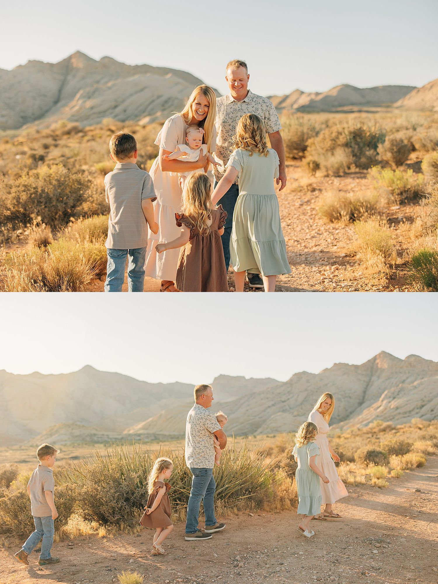 Family of six poses on a desert trail with mountain backdrop during golden hour in warm neutral tones.