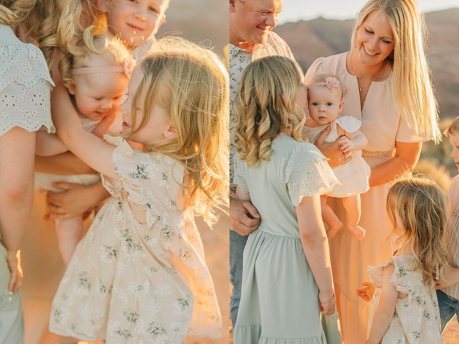 Siblings lovingly interact with a baby during a warm golden-hour family photo session in an outdoor desert setting.