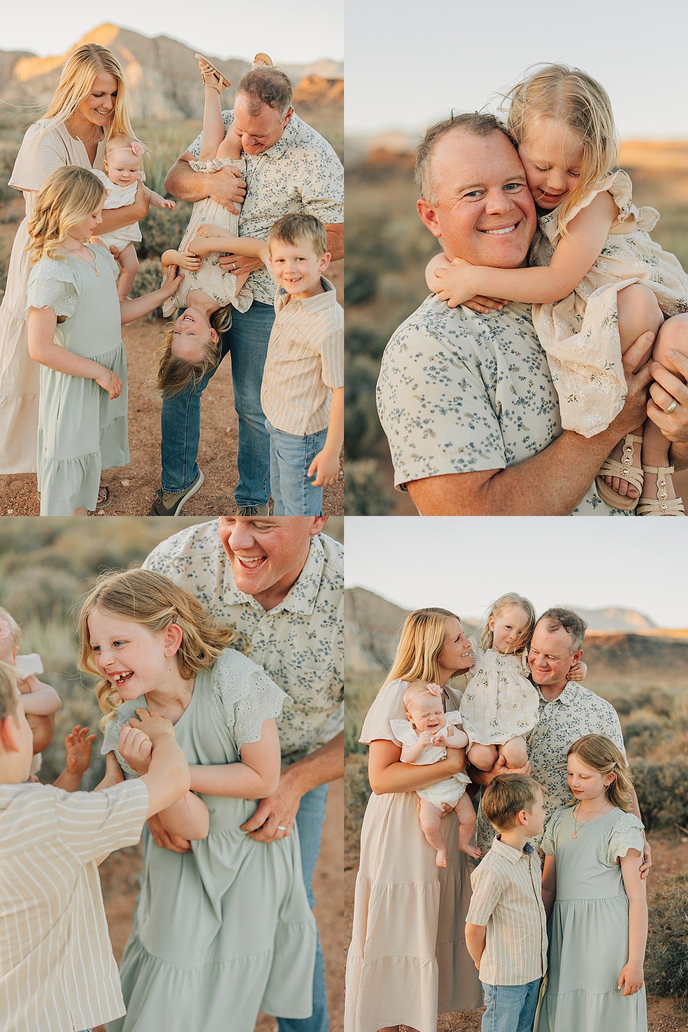 Family of five enjoying candid outdoor photos in desert landscape, parents playing with children in warm golden light.
