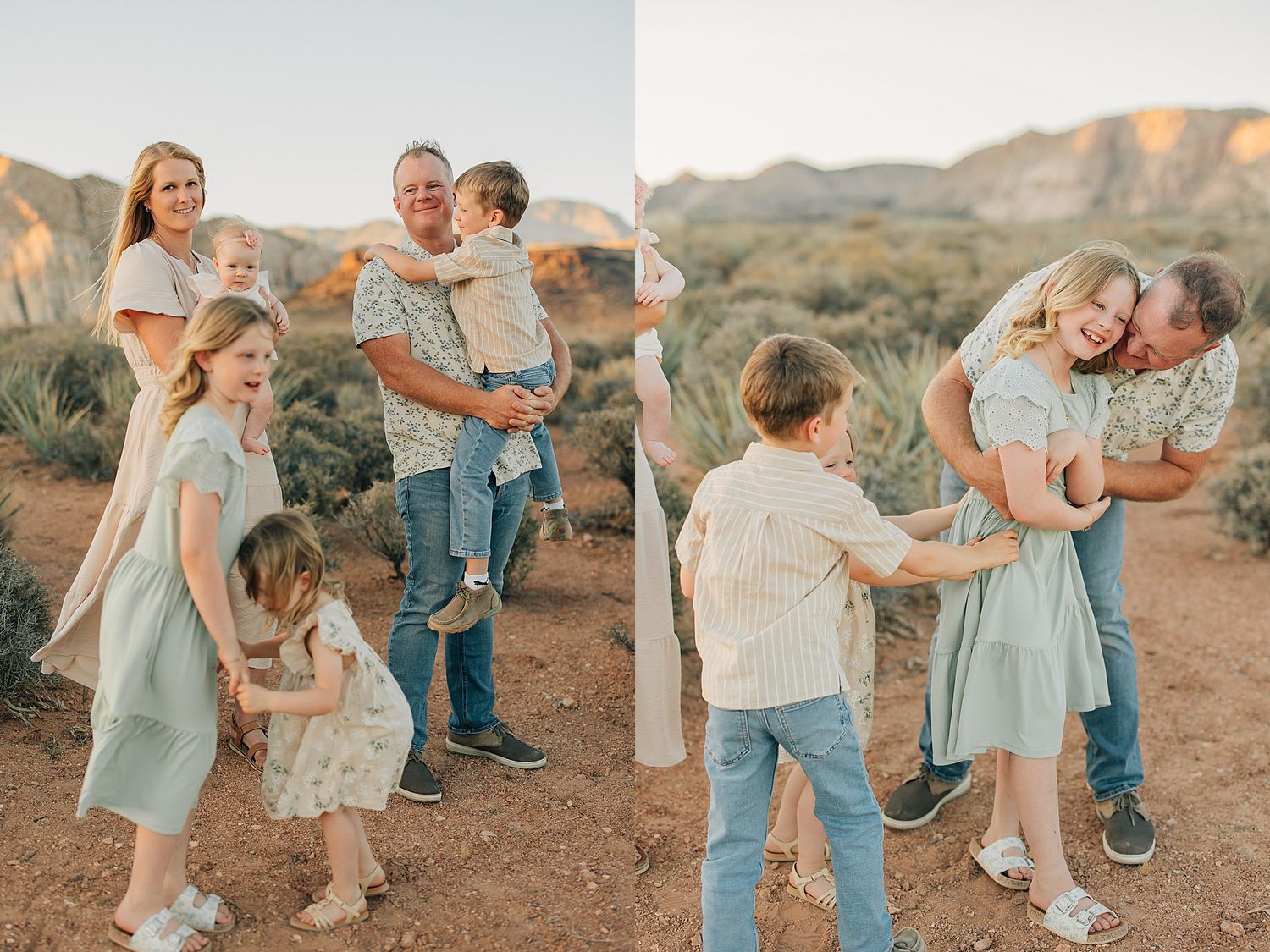 Family of five laughing and playing together outdoors in a desert landscape during a golden hour photo session.