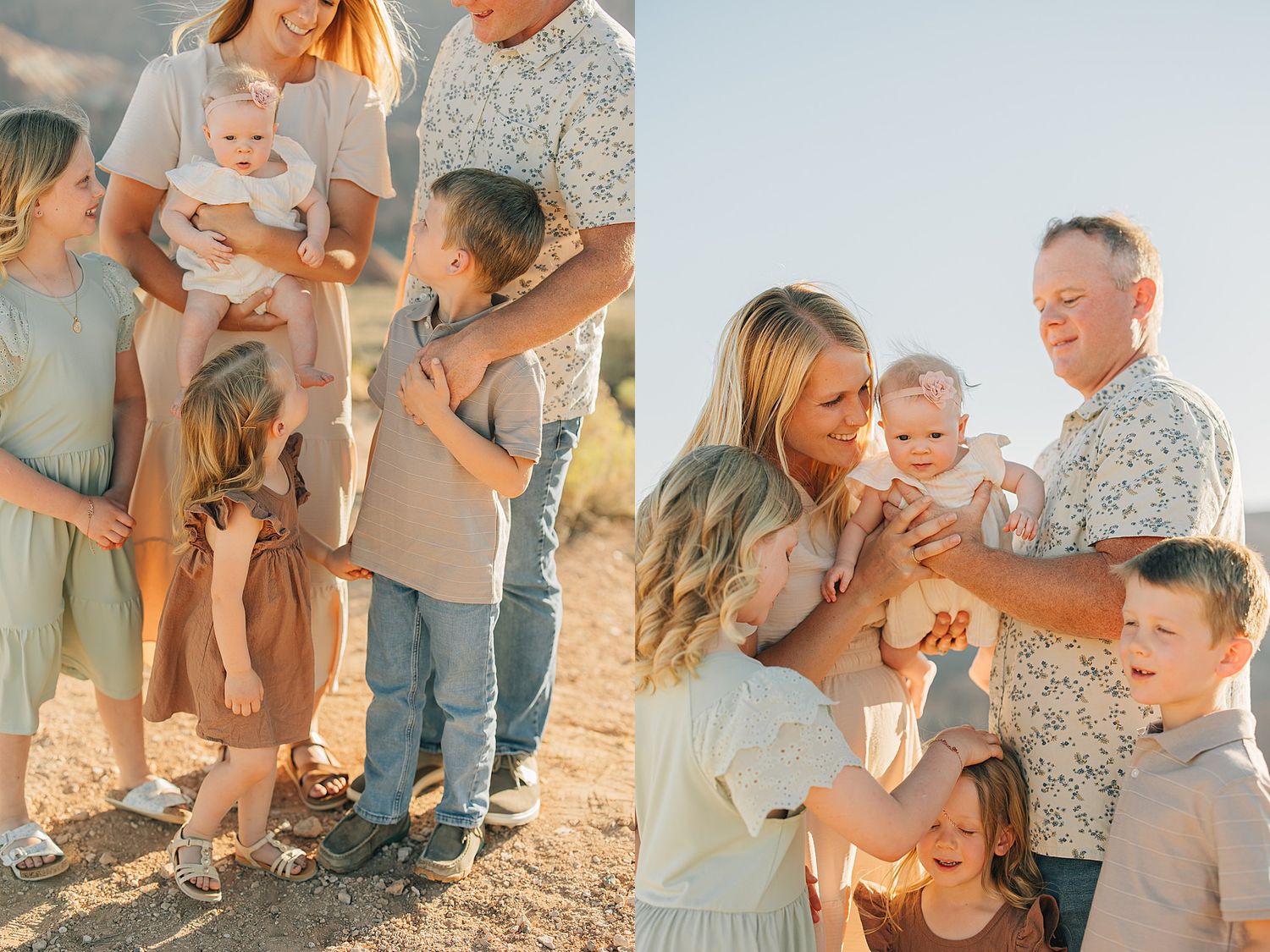 Family portrait session at golden hour with parents holding baby and children gathering close outdoors.