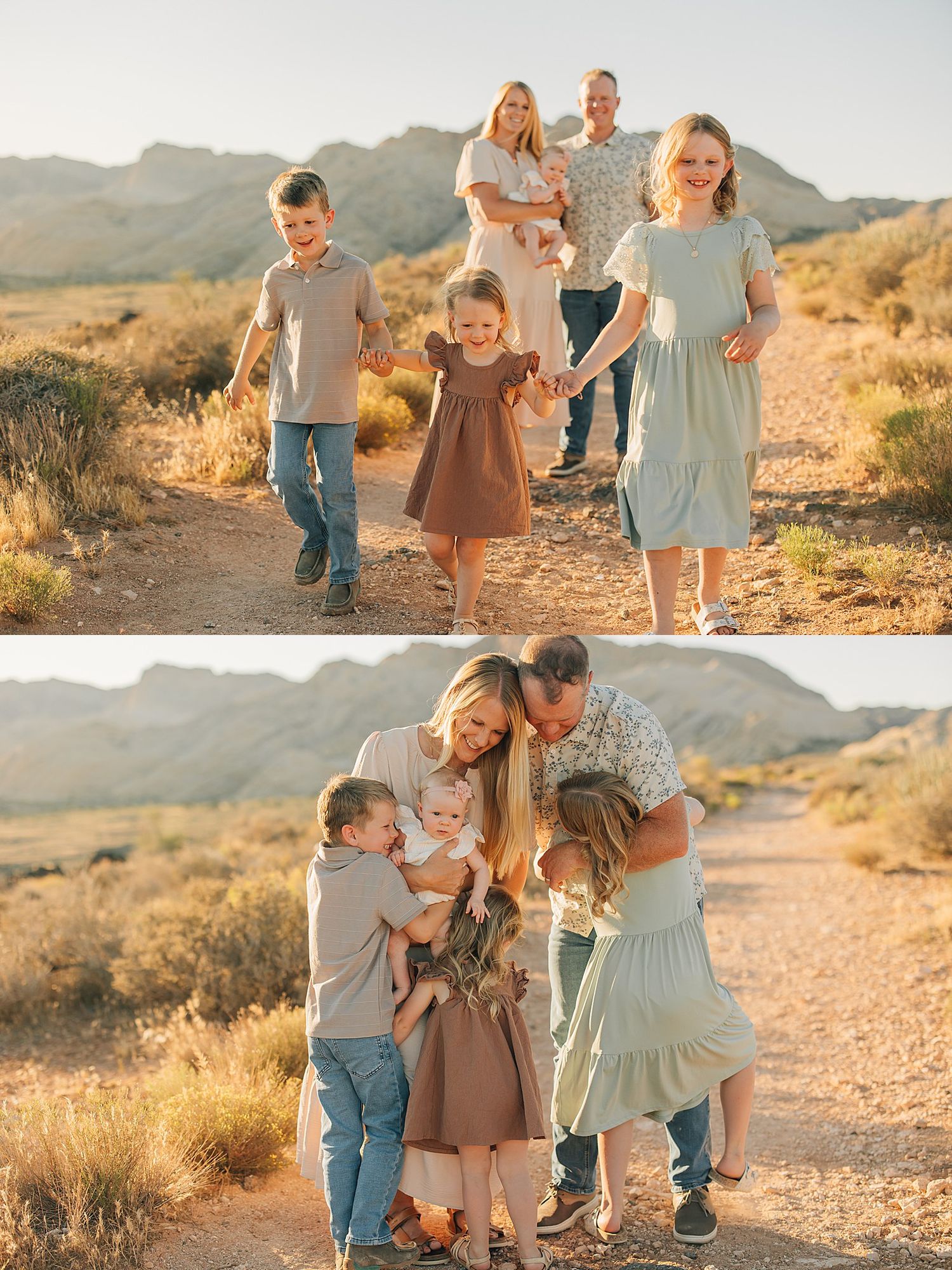 Happy family of five walking and hugging on a desert trail with mountain backdrop in warm sunset light.