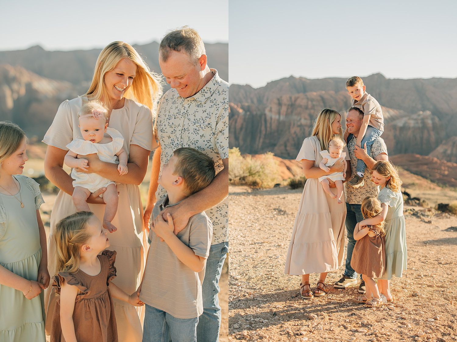 Family portrait session in desert landscape with red rock mountains, parents holding baby and children in warm neutral tones.