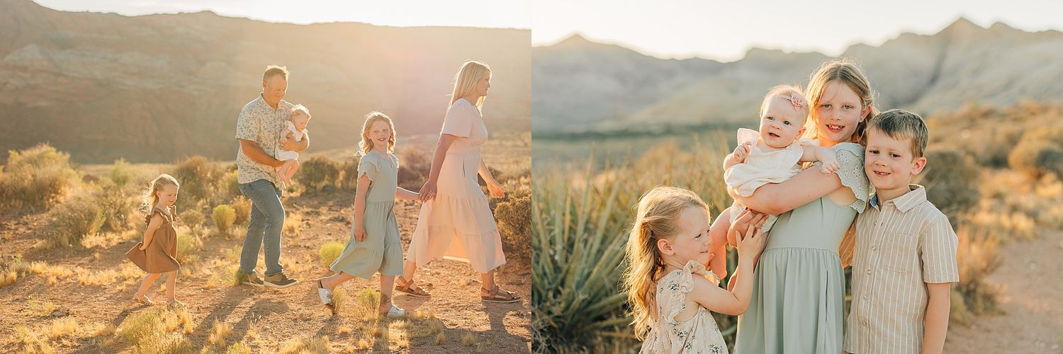 Family portrait session in desert landscape at golden hour with mountains and cacti in warm sunlight.