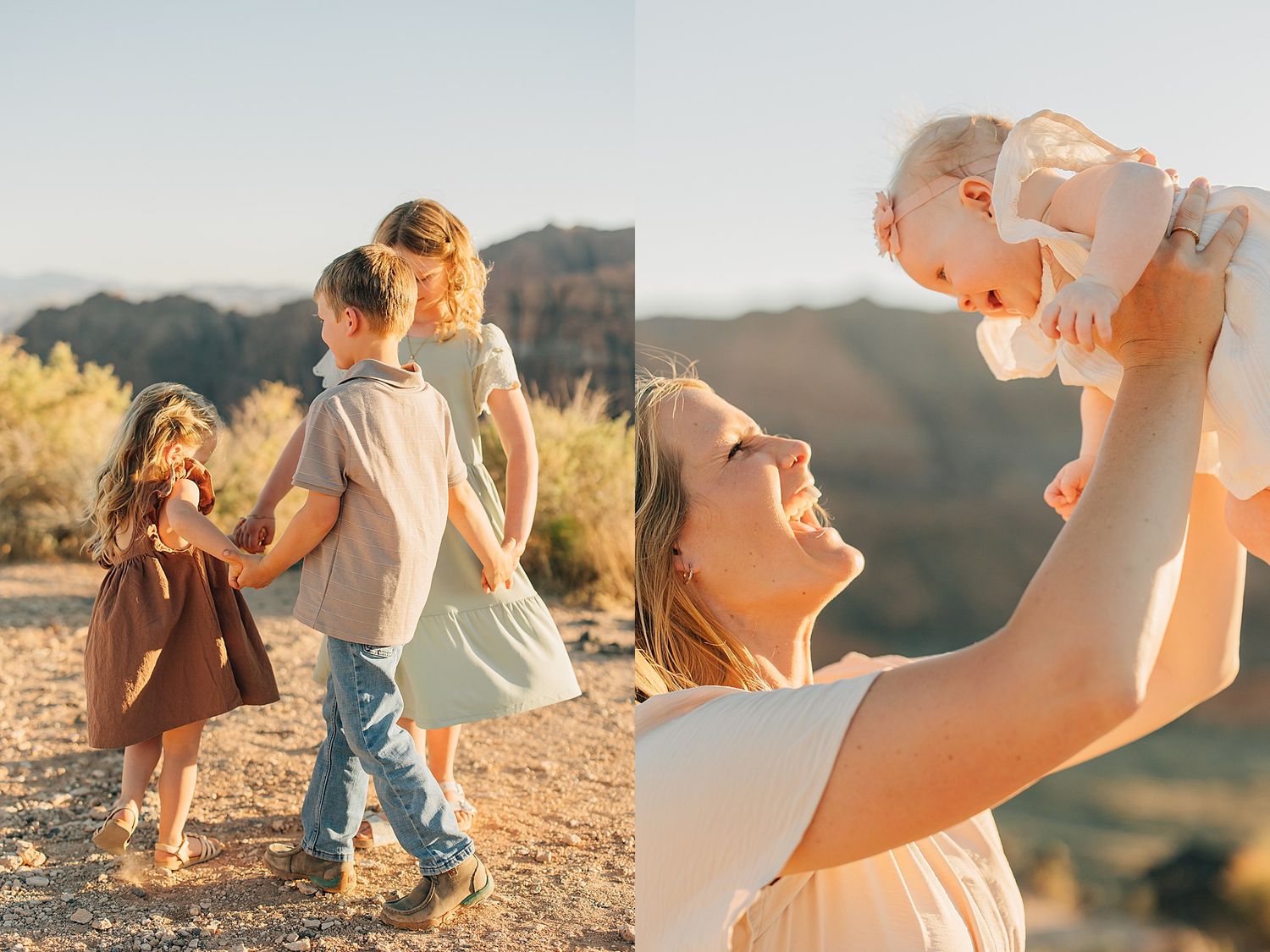A mother lifts her baby in golden sunlight while siblings hold hands on a desert trail in warm tones.