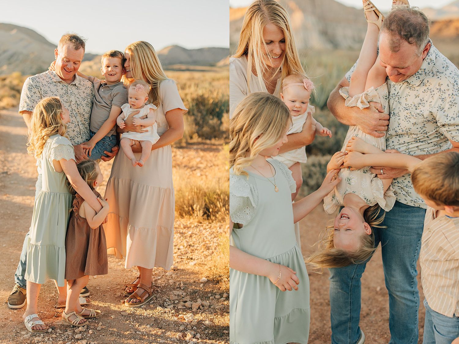 A family poses outdoors at golden hour in a desert setting, parents holding young children while laughing and playing together.