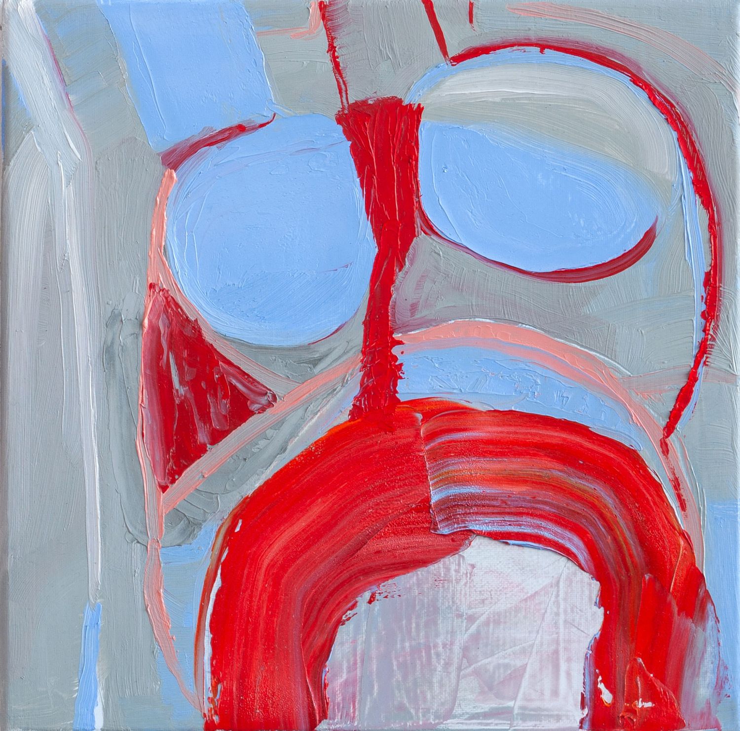 Small-scale contemporary abstract painting in blue, gray, and red.
