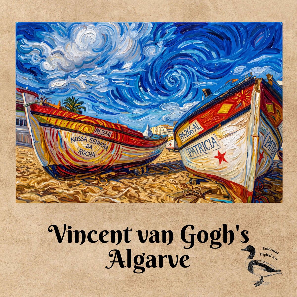 Vincent van Gogh inspired swirling blue coastal Algarve landscape painting with ocean and cliffs. AI DIgital Art by Alyson Sheldrake.
