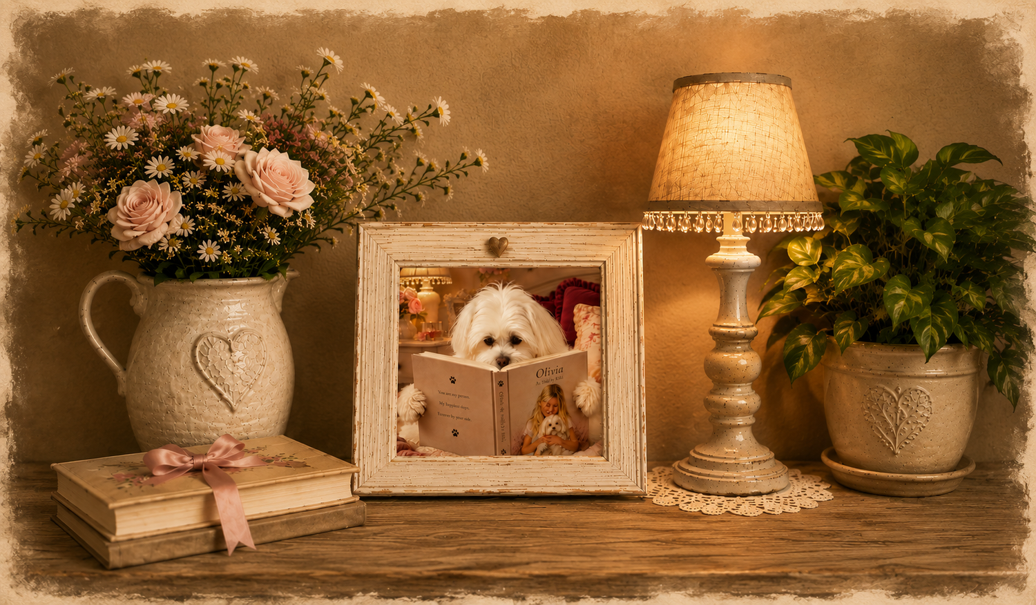 A whimsical framed photo of a white fluffy dog reading a book, displayed on a wooden table with flowers, lamp, and books.
