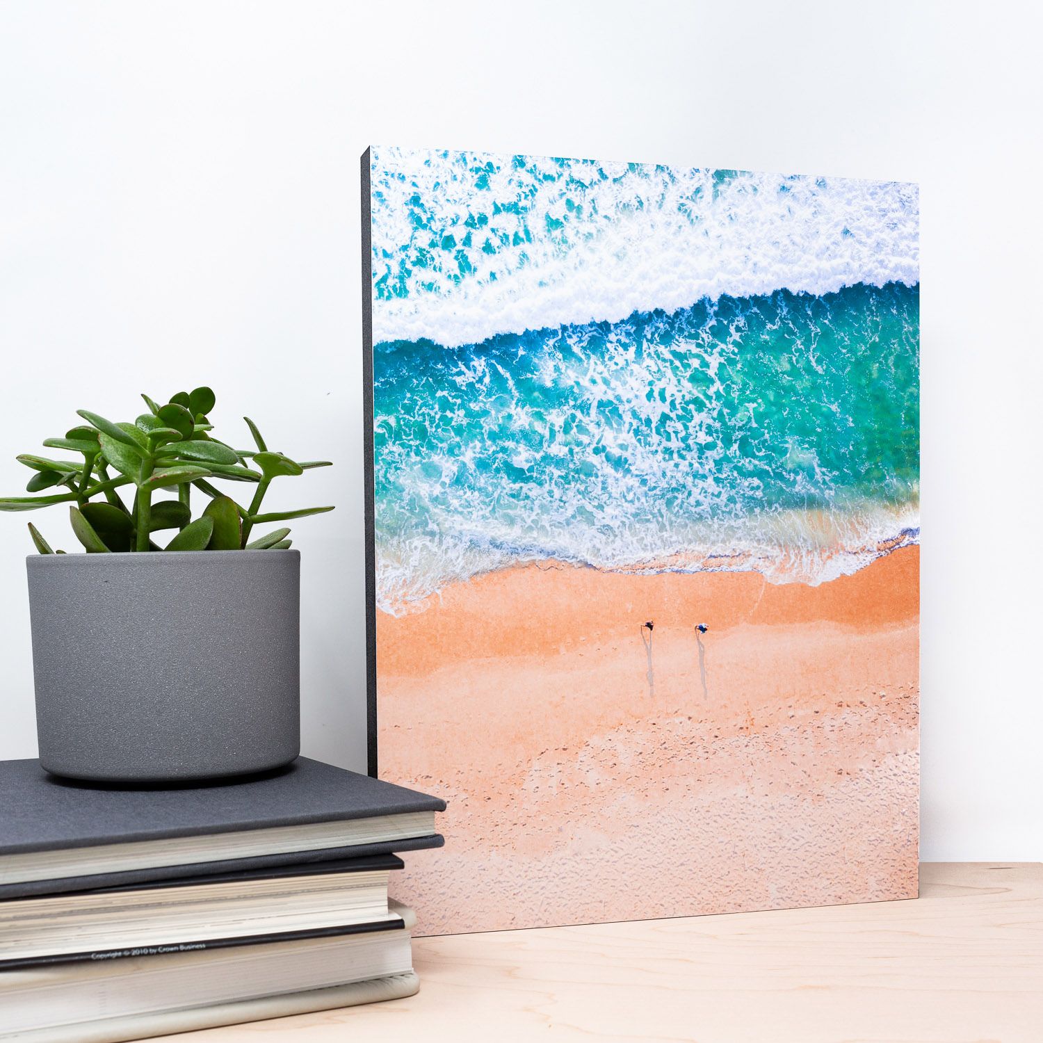 A vibrant aerial beach photo print displayed on a wooden shelf beside a green plant and stacked books.