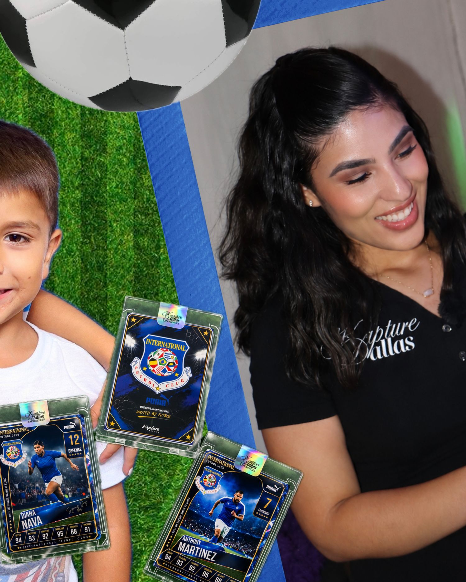 A young boy and smiling woman pose with soccer trading cards against a green field backdrop with a soccer ball.