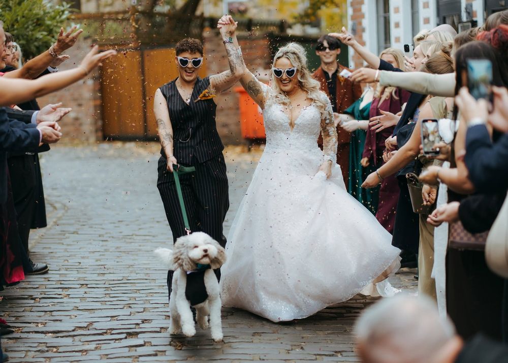 Bride in white lace gown walks with fluffy dog in tuxedo through cheering guests at outdoor wedding celebration.
