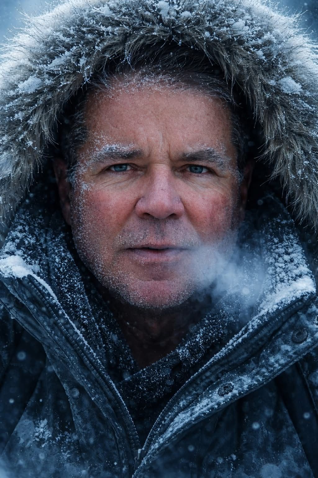 Close-up portrait of photographer Steve Cole wearing a fur-lined parka hood with frost on his face in freezing winter cold conditions.