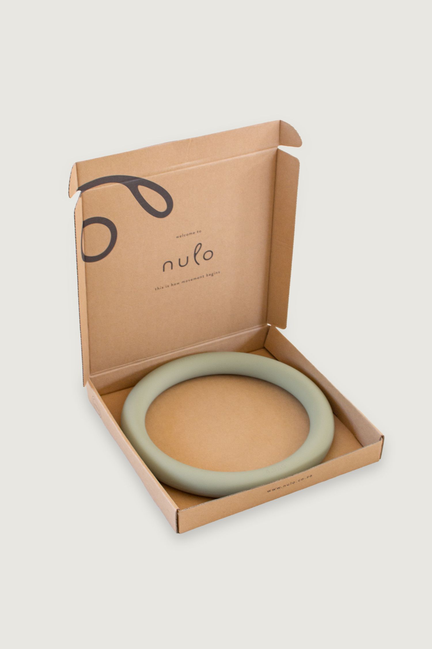 Ecommerce packshot of Nulo home fitness equipment in packaging on a neutral background.