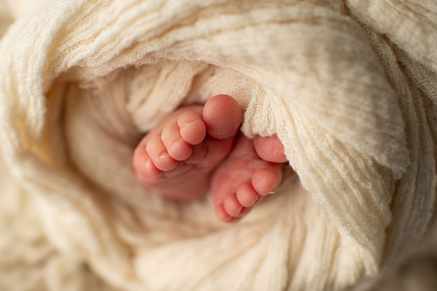 Close-up of newborn baby feet peeking out of a cream knit wrap.