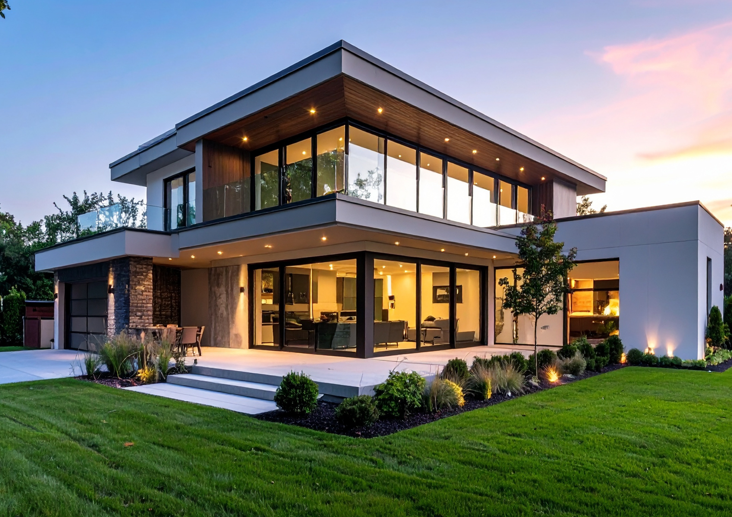 Modern two-story luxury home with floor-to-ceiling windows, warm interior lighting, and lush green lawn at dusk.