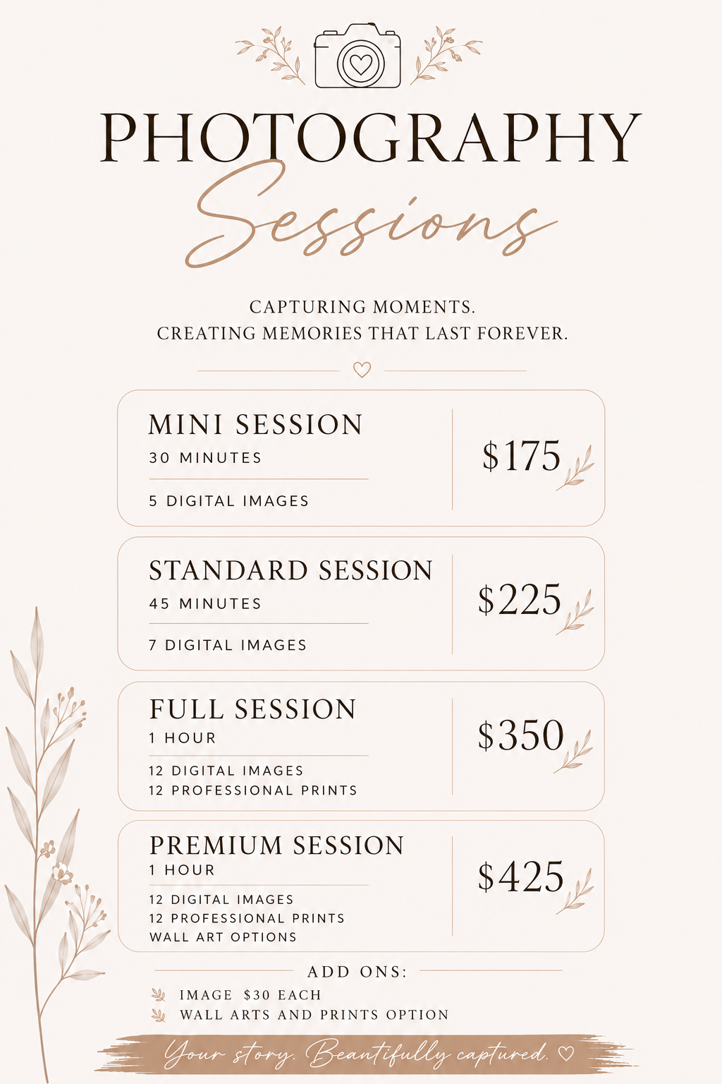 Elegant photography session pricing guide featuring mini, standard, full, and premium packages ranging from $175 to $425.