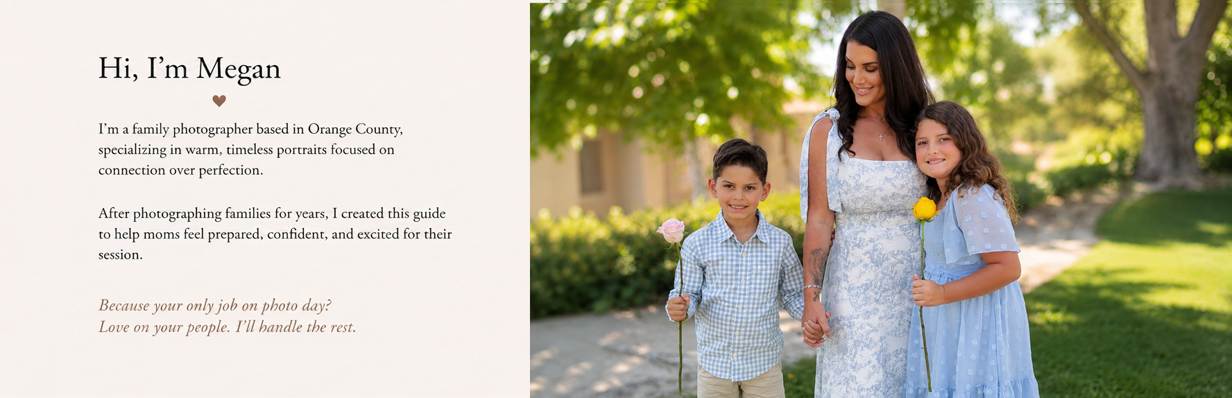 Family photographer Megan poses outdoors with two children in a sunny garden setting for her Orange County photography business.