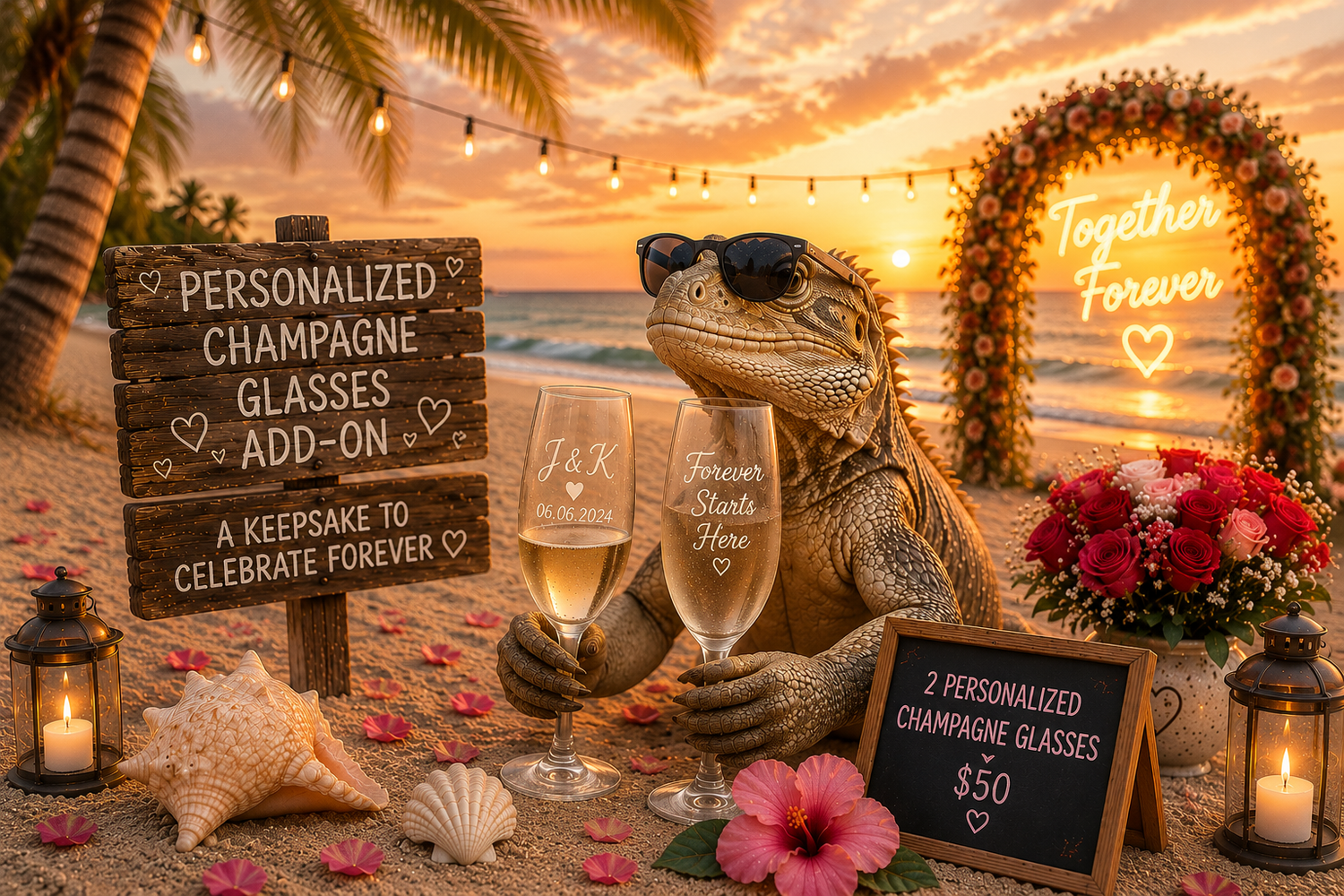 Champagne being poured into an engraved stemless glass held by a hand near a beach at sunset.