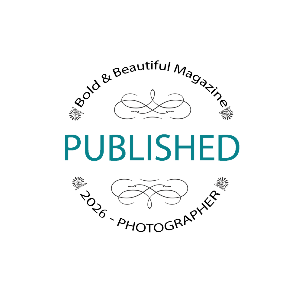 A circular badge reading Published for Bold and Beautiful Magazine 2026 Photographer in teal and black decorative typography.