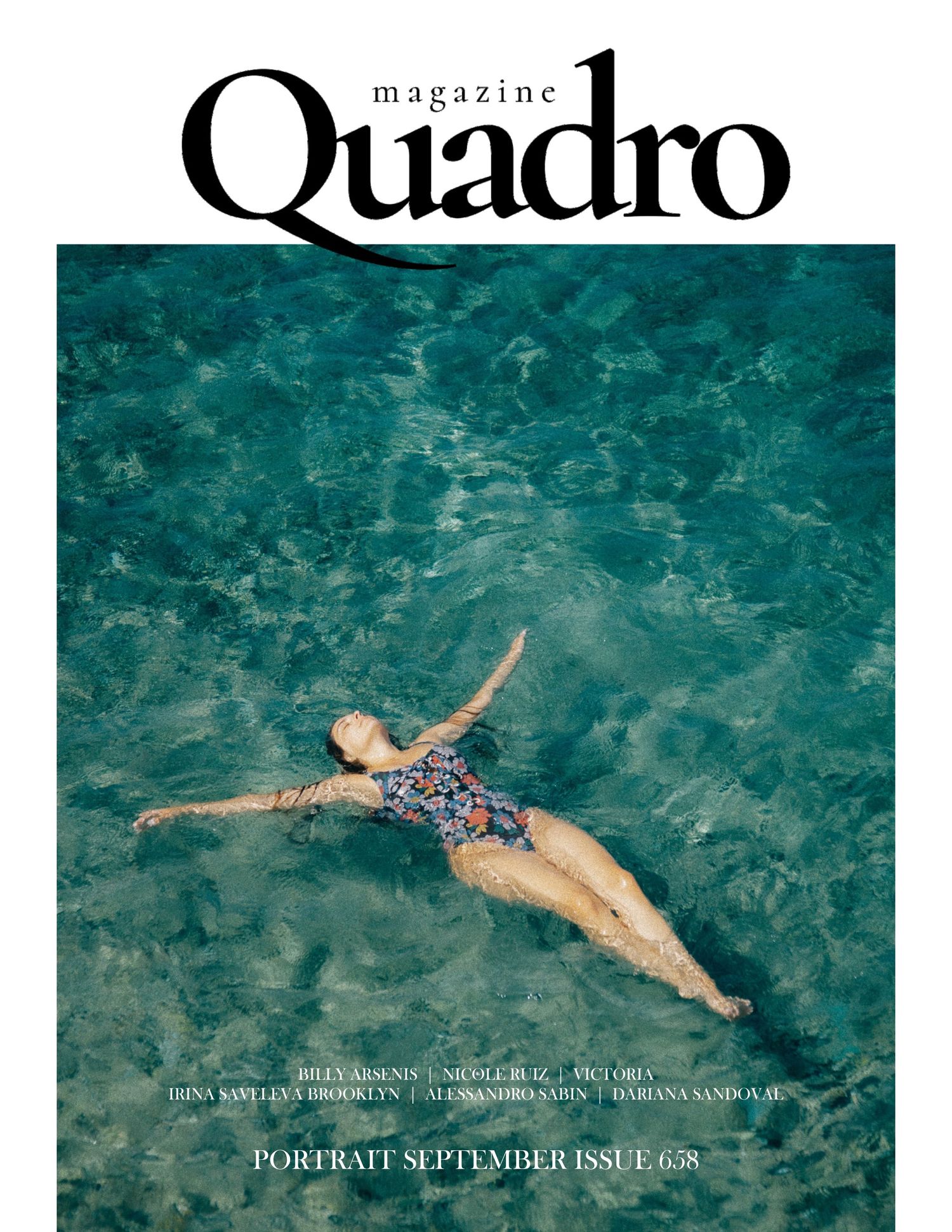 Editorial magazine cover showing a woman floating on turquoise sea water, captured from above in a documentary travel style.