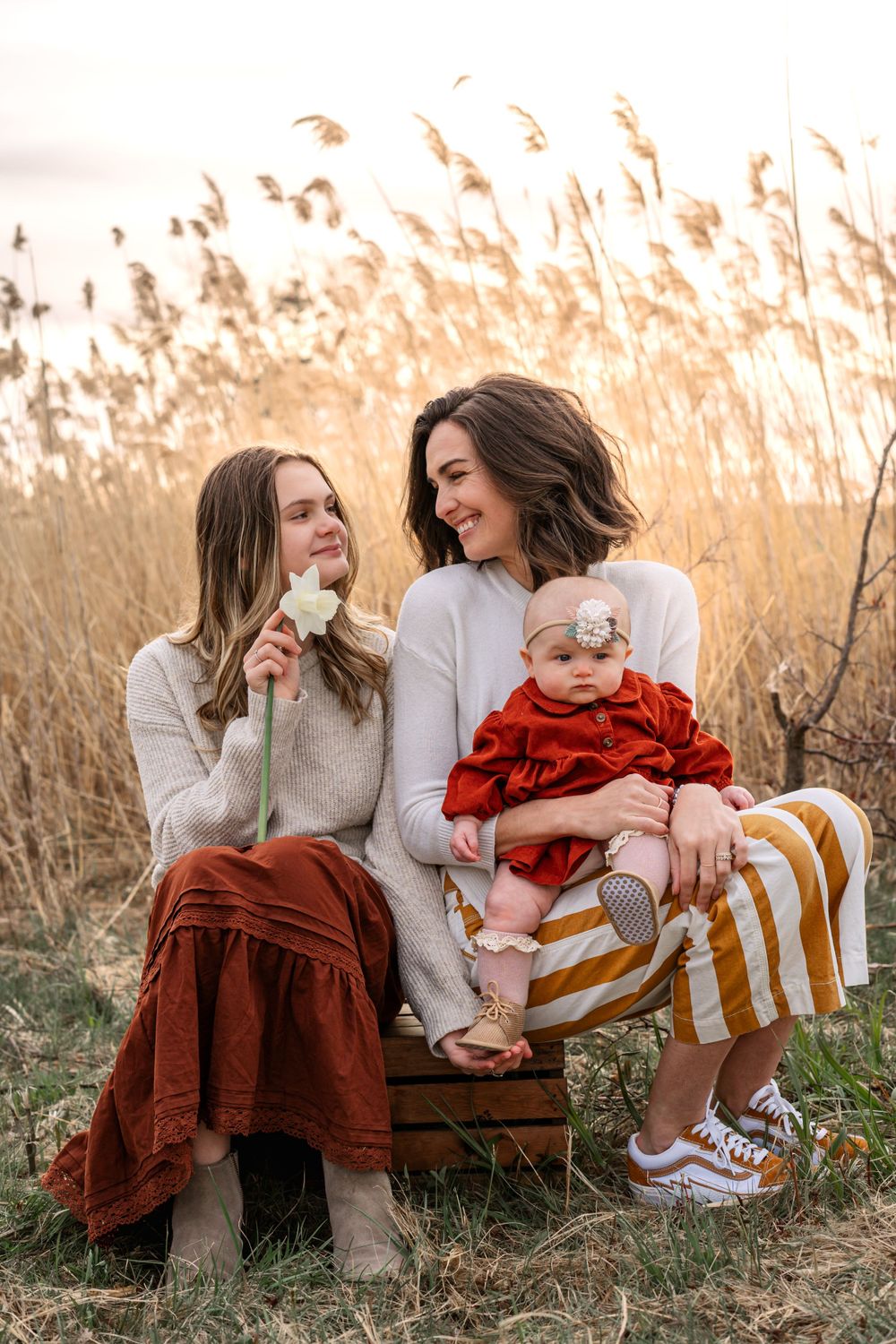 Family relaxing in tall grass during golden hour with baby in striped outfit.