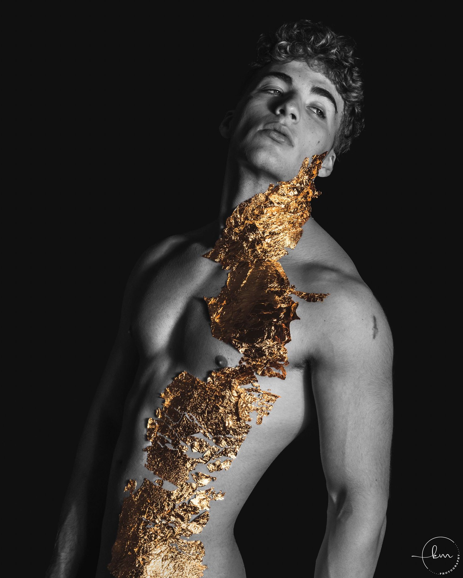 Artistic black and white portrait with gold leaf effect across the torso.