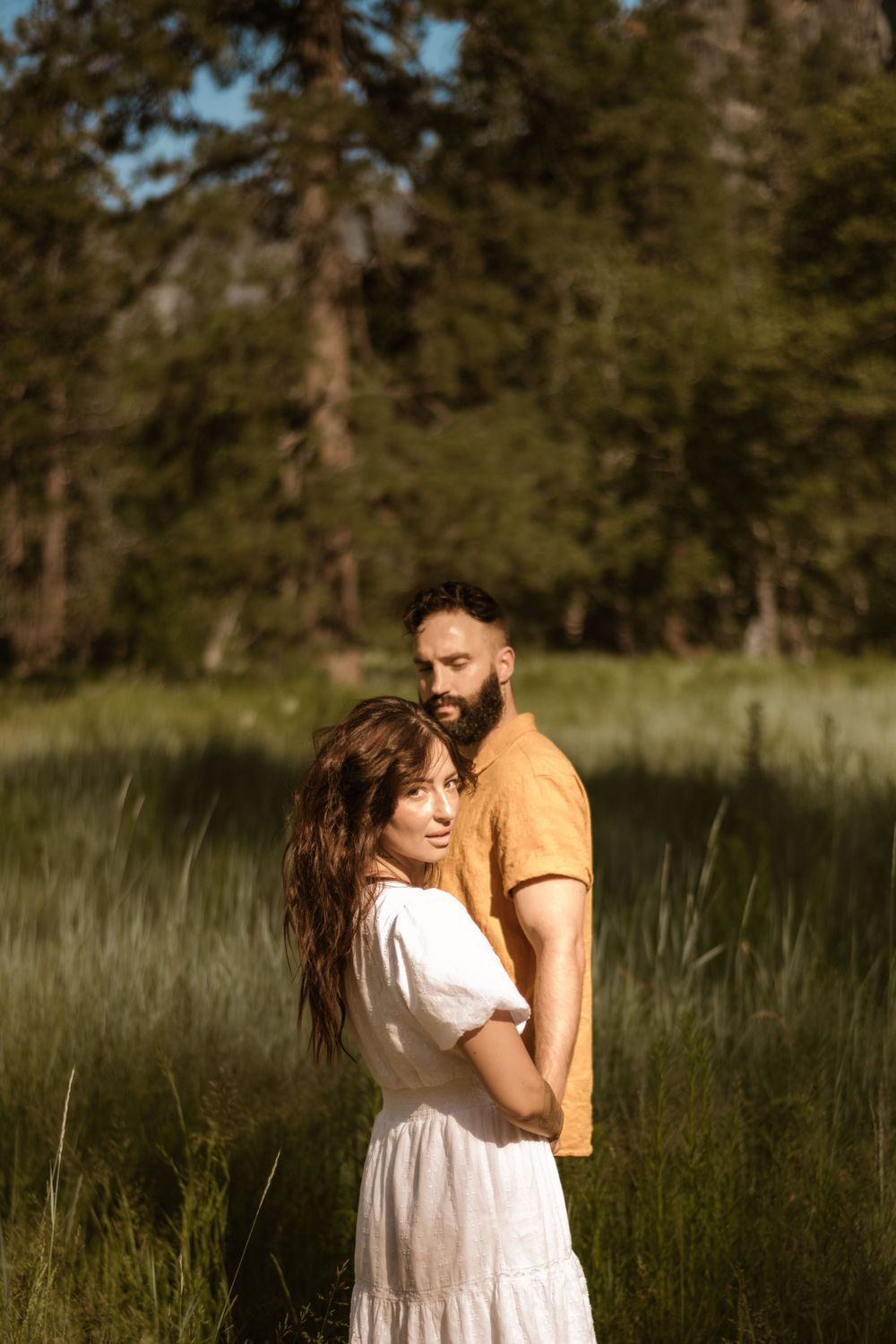 A romantic couple embraces in a sunlit meadow with evergreen trees in the background.