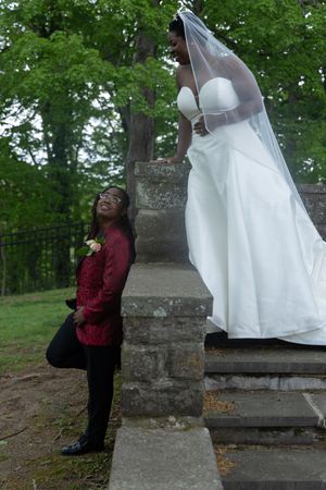 Wedding photography sequence showing couple in burgundy and white against stone wall in parklike setting.