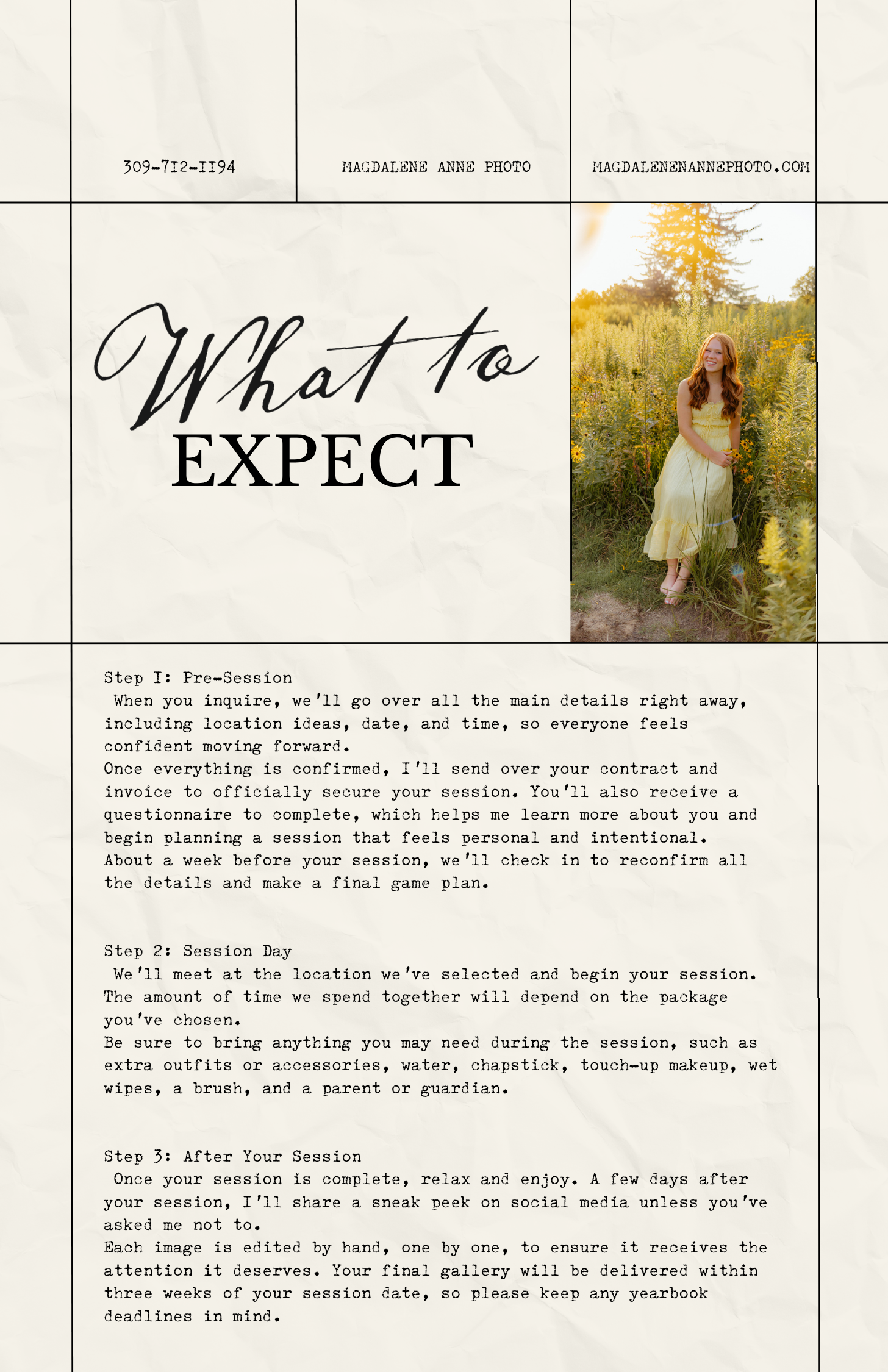 A dreamy photograph with text about 'Time of Day' featuring a white dress in a garden setting with willow trees.