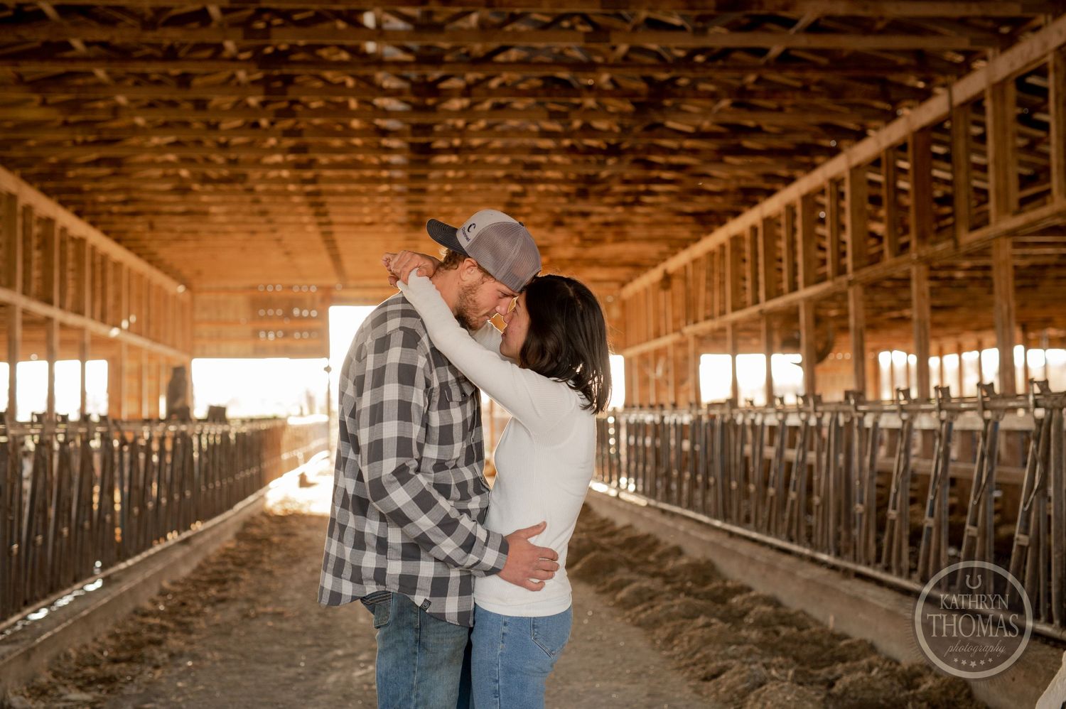 A couple embraces in a sunlit barn aisle with cattle stalls visible on both sides.