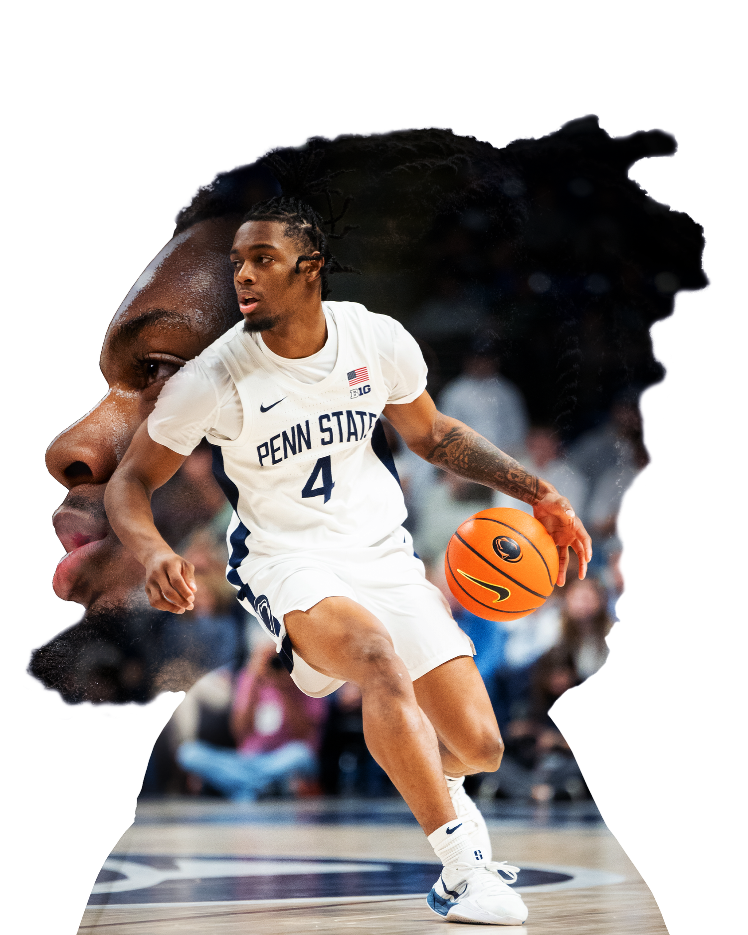 Basketball player in white Penn State uniform dribbles close to the floor during intense game action.