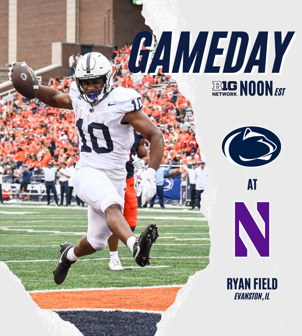 College football gameday promotional graphic for Penn State vs Northwestern at Ryan Field.