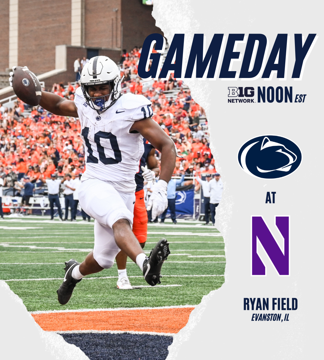 College football gameday promotional graphic for Penn State vs Northwestern at Ryan Field.