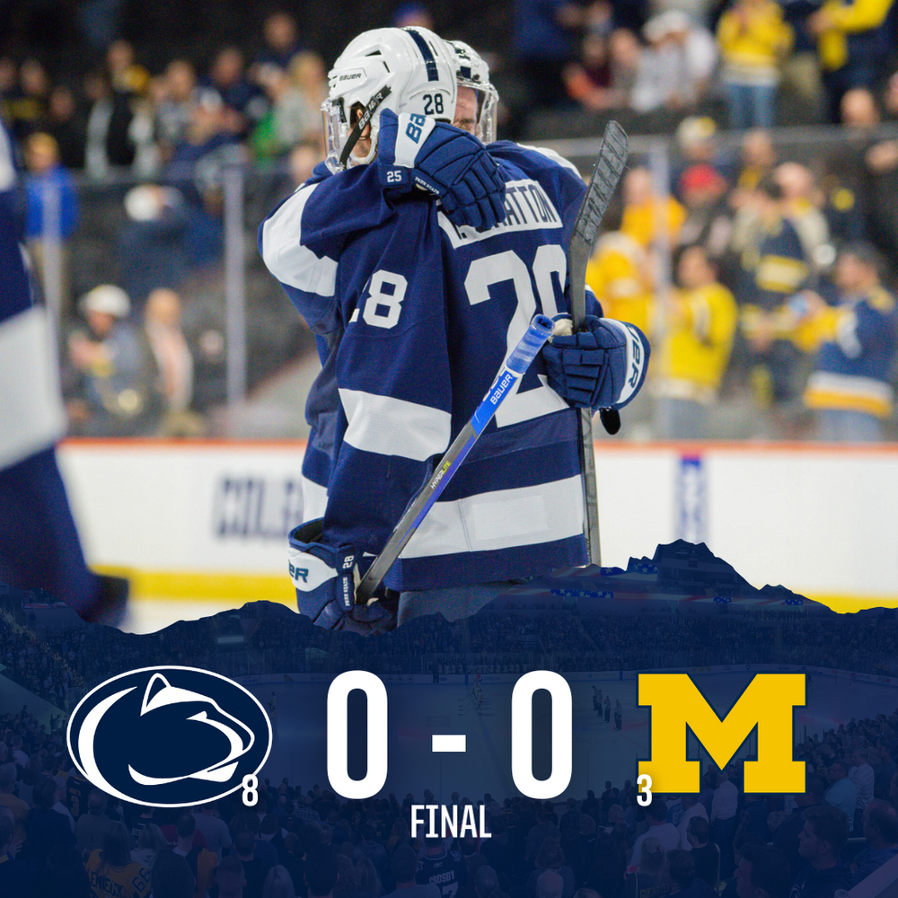Scoreboard showing 0-0 final score between Penn State and Michigan with hockey team logos.